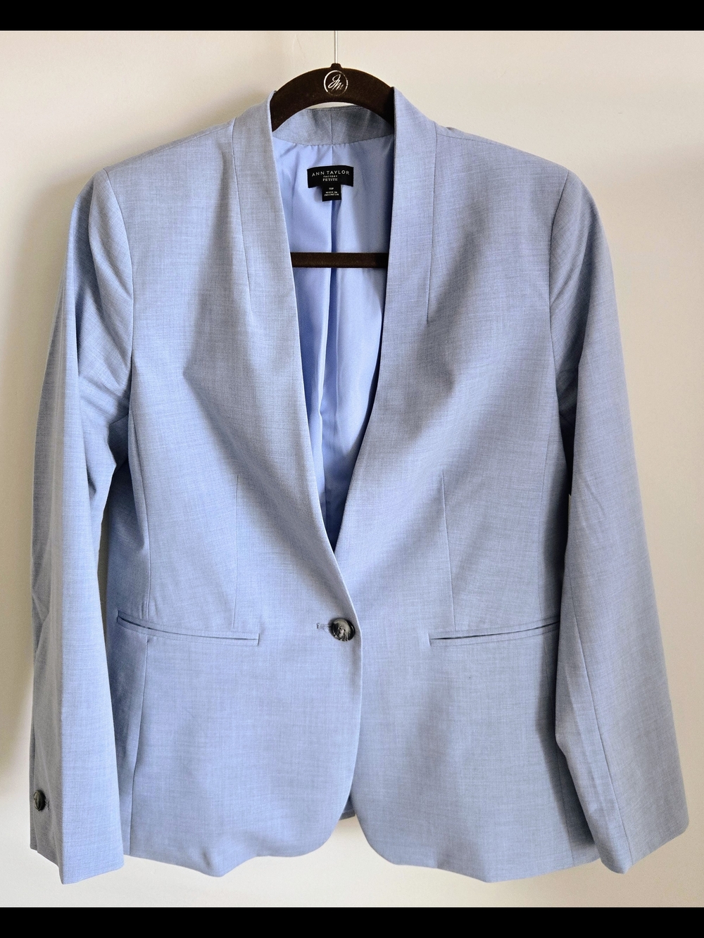 Ann Taylor Factory Petite 10P Light Blue Shawl Collar One Button Career Blazer